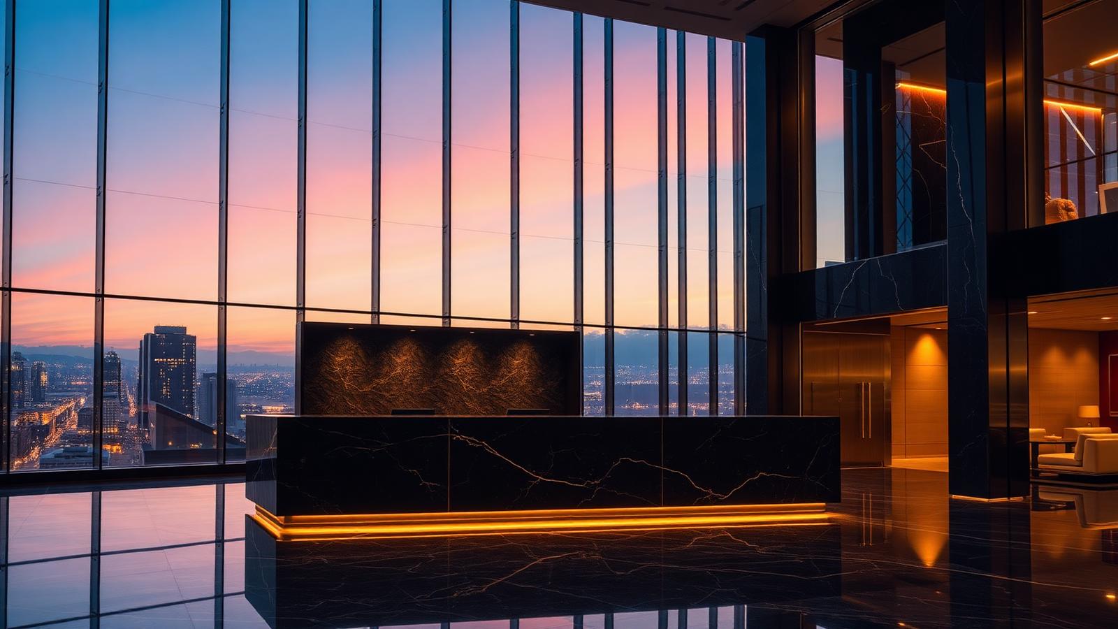 Corporate headquarters reception at dusk
